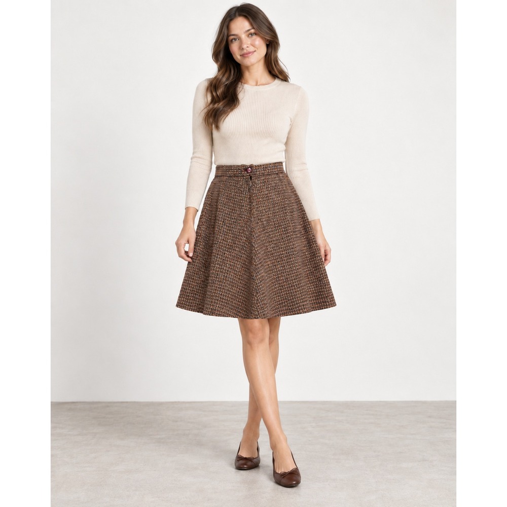 Vintage 60s 70s Womens S Brown Tweed A Line Knee Length Pleated High Waist Skirt